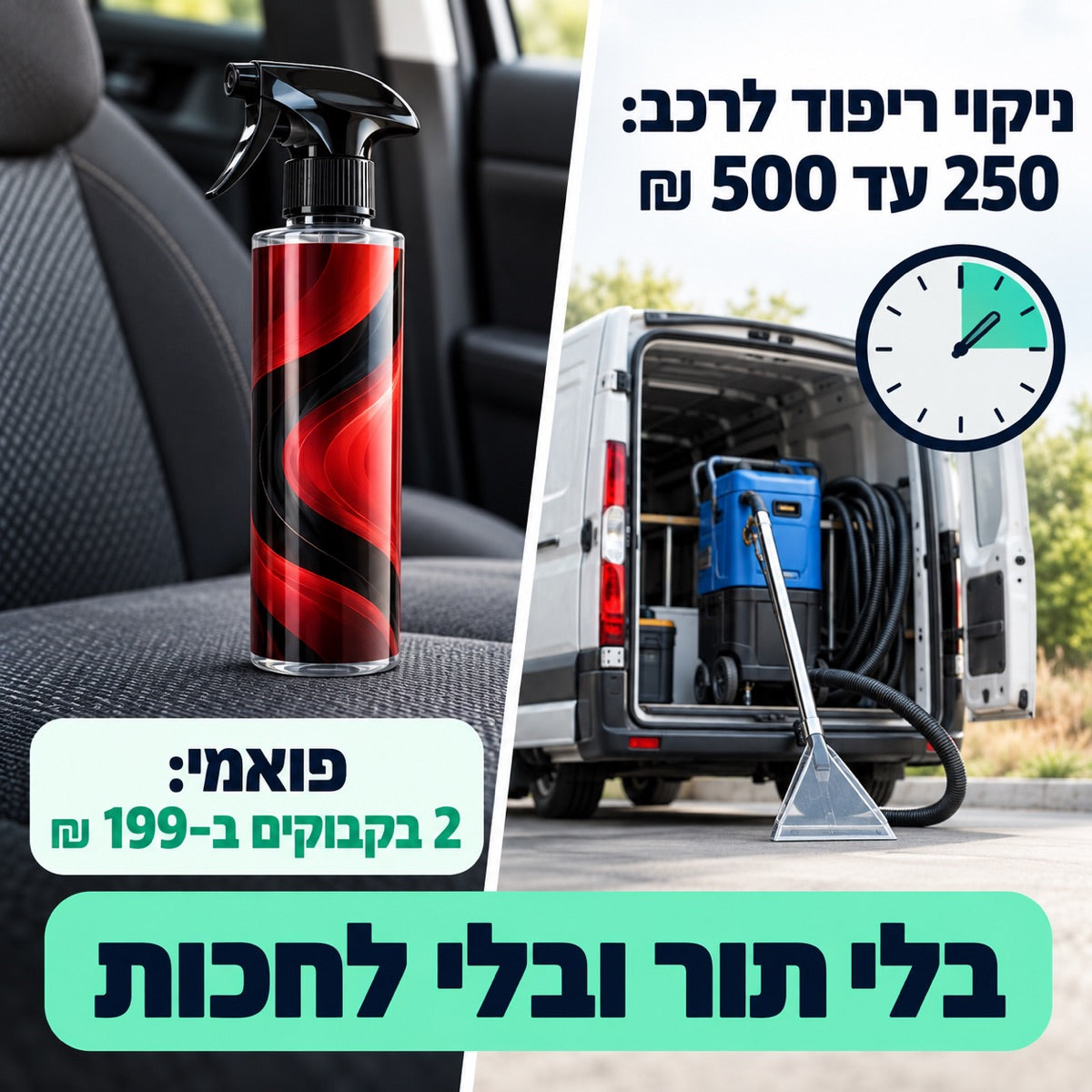 ניקוי ריפוד לרכב: 250 עד 500 ₪ · פואמי: 2 בקבוקים ב-199 ₪ · בלי תור ובלי לחכות