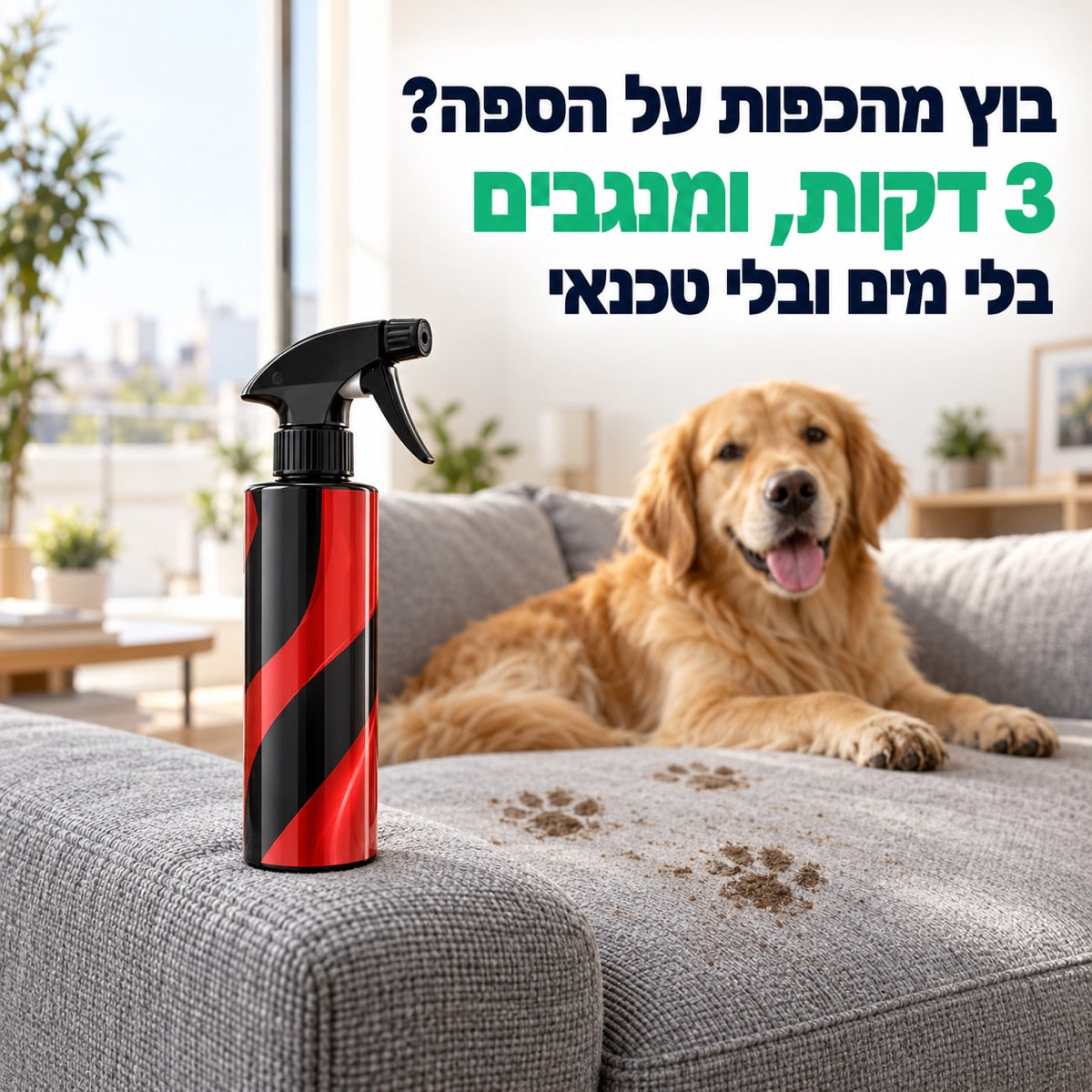 בוץ מהכפות על הספה? · 3 דקות, ומנגבים · בלי מים ובלי טכנאי