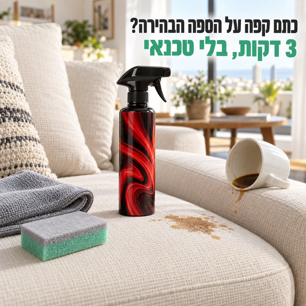 כתם קפה על הספה הבהירה? · 3 דקות, בלי טכנאי